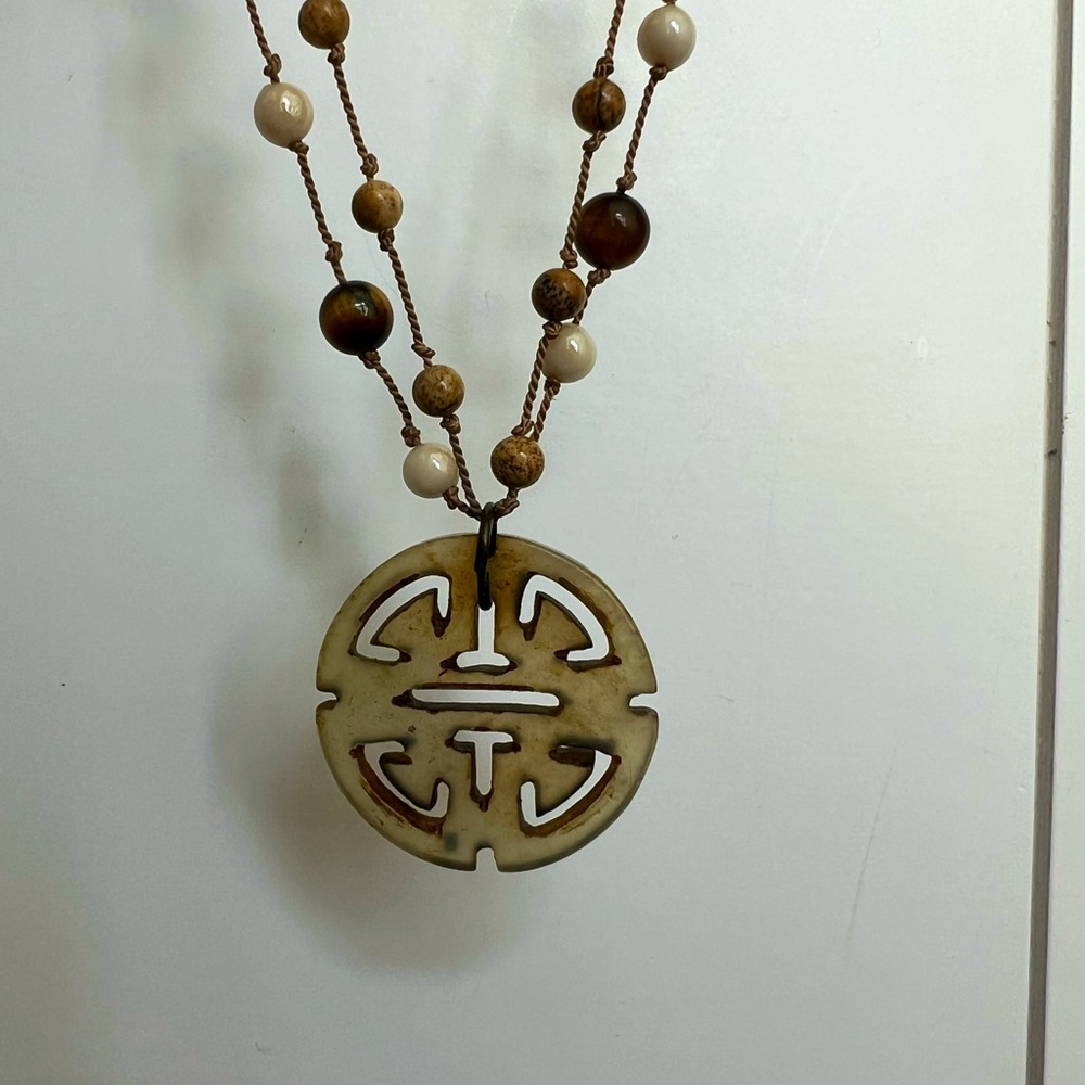 Chic Double-Strand Beaded Necklace with Carved Pendant.  Beads are Tiger 🐅 Eye
